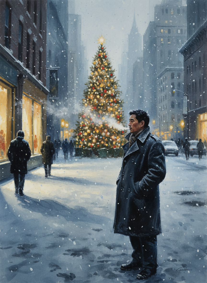 纽约已经下雪了，因为圣诞来临，街上到处都亮起了灿烂的圣诞树，白绒绒的雪花随着叮叮咚咚的圣诞音乐飘落下来，反而给人一种温馨的感觉。