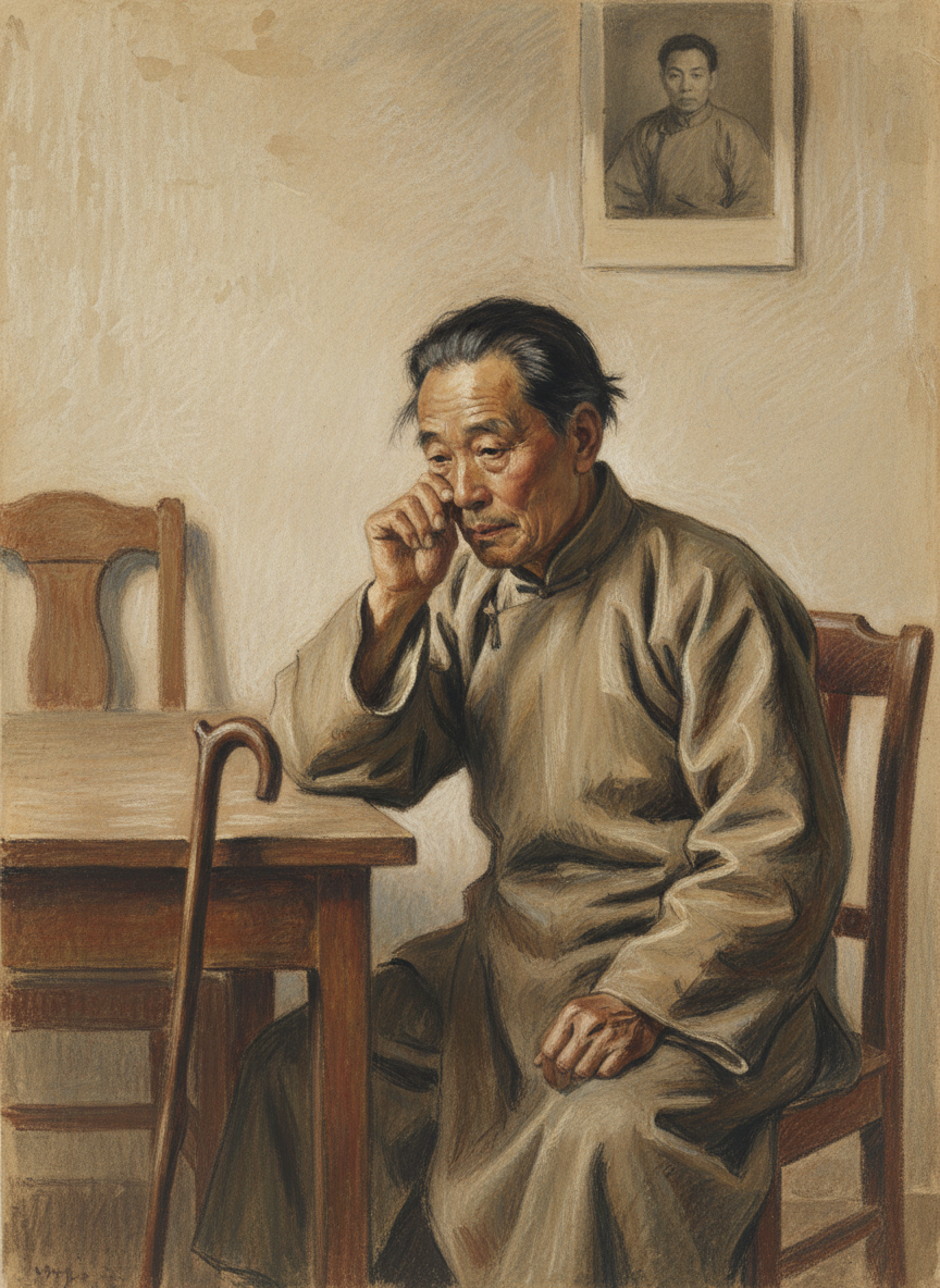 大伯静静地听着，没有出声，他又用袖角拭了一拭淌到面颊上的眼泪。