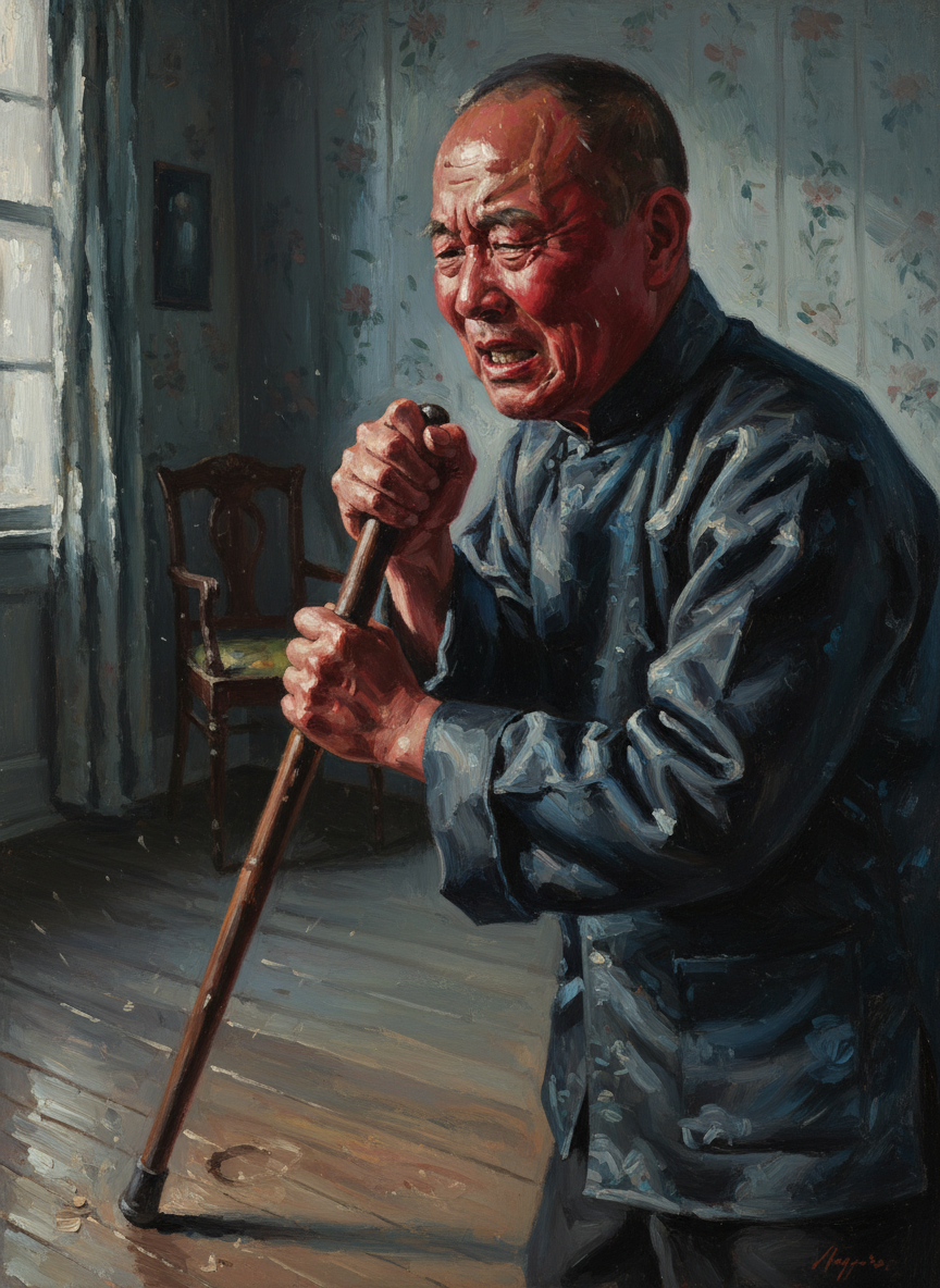 大伯说着用拐杖在地板上重重地敲了两下，敲得地板咚咚响。