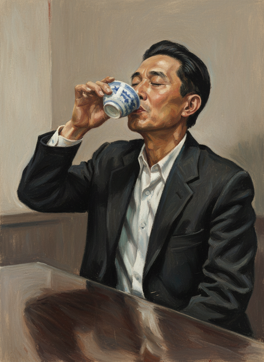 大伯举起他那只青瓷酒杯，把杯里半杯茅台，一口喝光了。