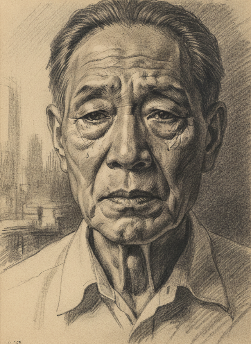 他的脸上不是肥胖，竟是浮肿，两块眼袋子转乌了，上面沁出点点的青斑，泪水溢出来，眼袋上都是湿湿的。
