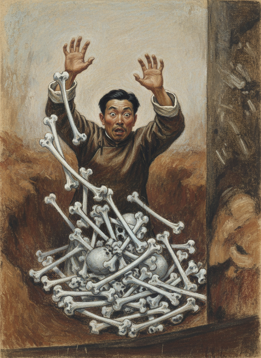 倏地，那座白森森的小山哗啦啦倾泻了，根根人骨滚落坑中，将大伯埋陷在里头，大伯双手乱招，狂喊道：