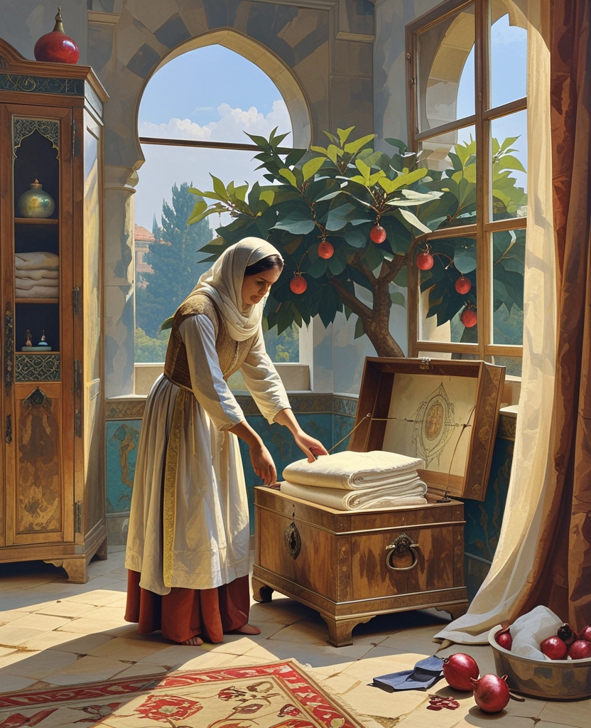 I’d gone up alone to the room with the built-in closet and the window facing the pomegranate tree to inspect the sheets in the chest.