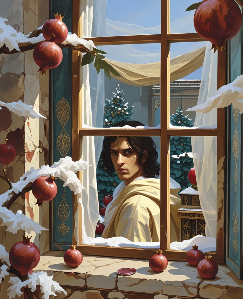 Why did I open the shutters intuitively at that exact moment and stare at him so long from behind the snowy branches of the pomegranate tree?
