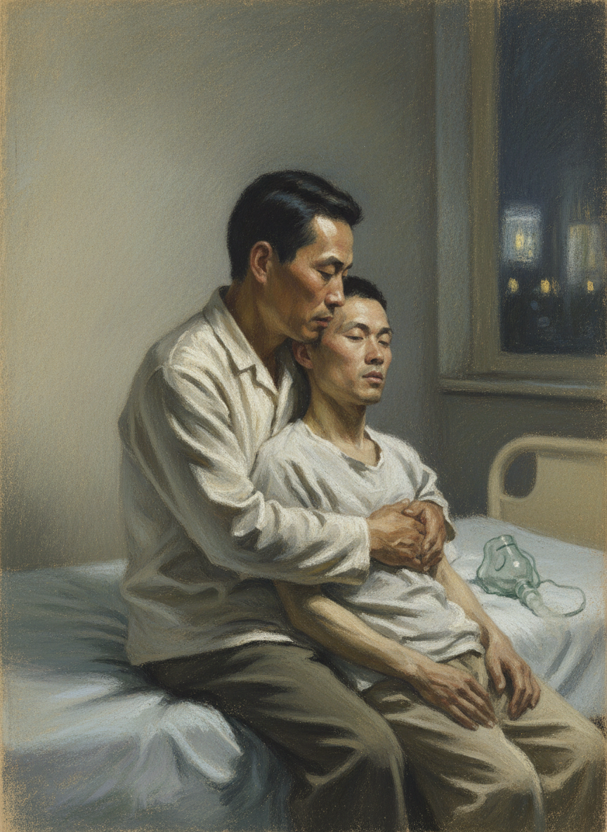 我在他的床沿坐了下来，将他轻轻扶起，让他的身子倚靠在我的怀里，然后才替他将氧气罩慢慢卸下。