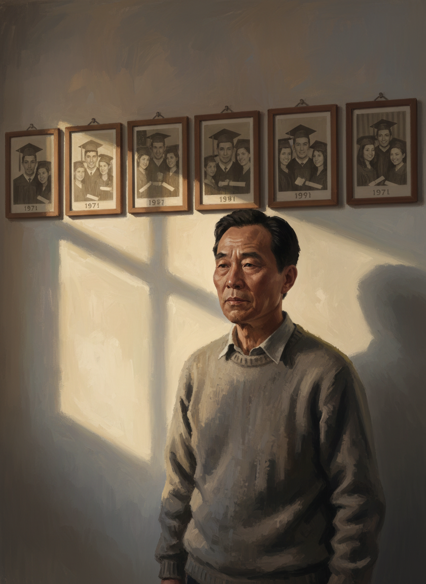 下面一排是他跟学生们一起合照的毕业照,从一九七一年开始,一年复一年排下来,那些学生永远那么年轻,而云哥却已是渐近中年的资深教师了。
