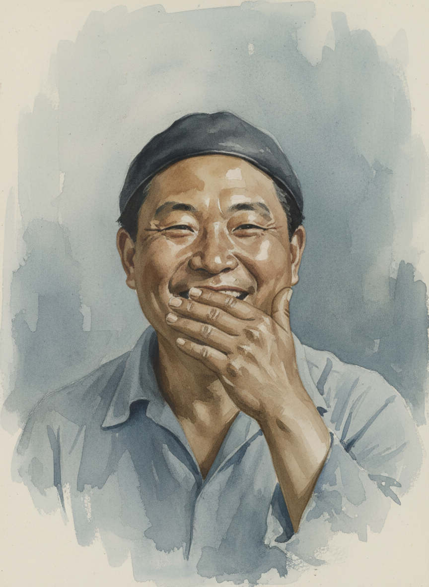 这跟他的发型也有关系,他剪了一头寸把长的短发,因为他的头发特别柔软,乖乖地覆盖着头顶,前额却一刀齐,好像罩着顶瓜皮帽,透着几分调皮。