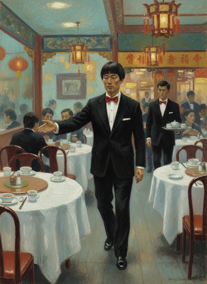 他周旋在十几张餐桌间,脚不沾地似的来回穿梭,把他手下几个侍者珍珠、百合、仔仔指挥得团团转。