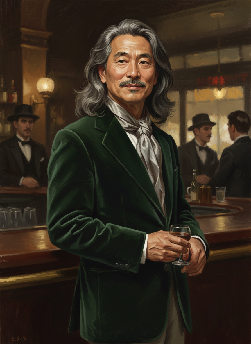 大伟留着两撇骚胡子,一头铁灰的长发刷得波浪起伏,他身高六尺,五十开外的人身材还保持得挺拔修长,穿上他那件天鹅绒墨绿外套,颈上系着一条银灰色的丝领巾,一副风流自赏的模样。