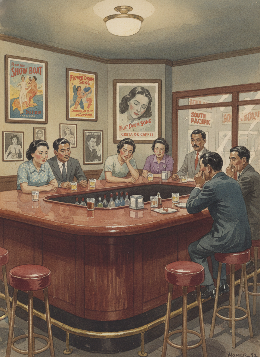Tea for Two酒吧的装饰一律古香古色,四周的墙壁都镶上了沉厚的桃花心木,一面壁上挂满了百老汇歌舞剧的剧照:《画舫》、《花鼓歌》、好几个版本的《南太平洋》,另一面却悬着好莱坞早期电影明星的放大黑白照,中间最大那张是“欢乐女皇”嘉宝的玉照,一双半睡半醒的眼睛,冷冷地俯视着吧里的芸芸众生。