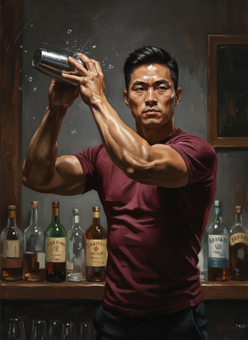 这个大壮汉周身放射着男人气,是Tea for Two的雄性中心,他调酒时也好像在作秀一般,一只肌肉虬结的壮臂倏地将玻璃调酒器高高举起,稀里哗啦一阵碎冰地筛摇,各色鸡尾酒便摇了出来,然后十分潇洒利落地往酒杯里一倾,滴酒不漏。