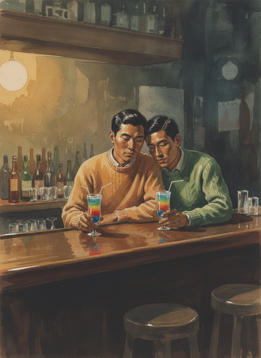 那是七〇年代末八〇年代初纽约的“欢乐年代”最关键的时刻,也是我一生中感到最幸福最美满的刹那,我有安弟依偎在我身边,我搂住他的肩,我们手中都擎着一杯甜沁沁的“彩虹酒”。