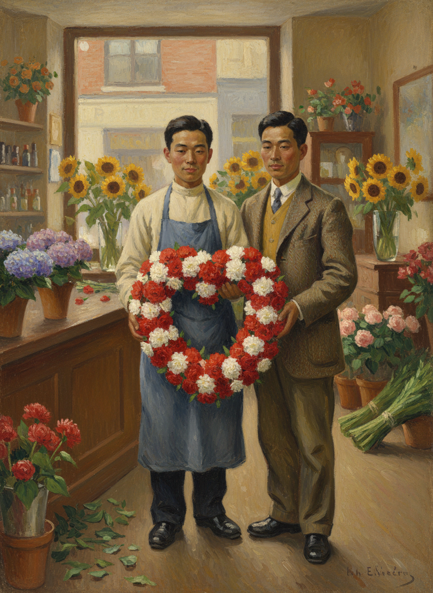 因为是喜庆,我们大家都送了花去,我和安弟到花店特别订制了一只用红白两色各样四十朵康乃馨串扎起来的心形花圈——那是安弟的主意。