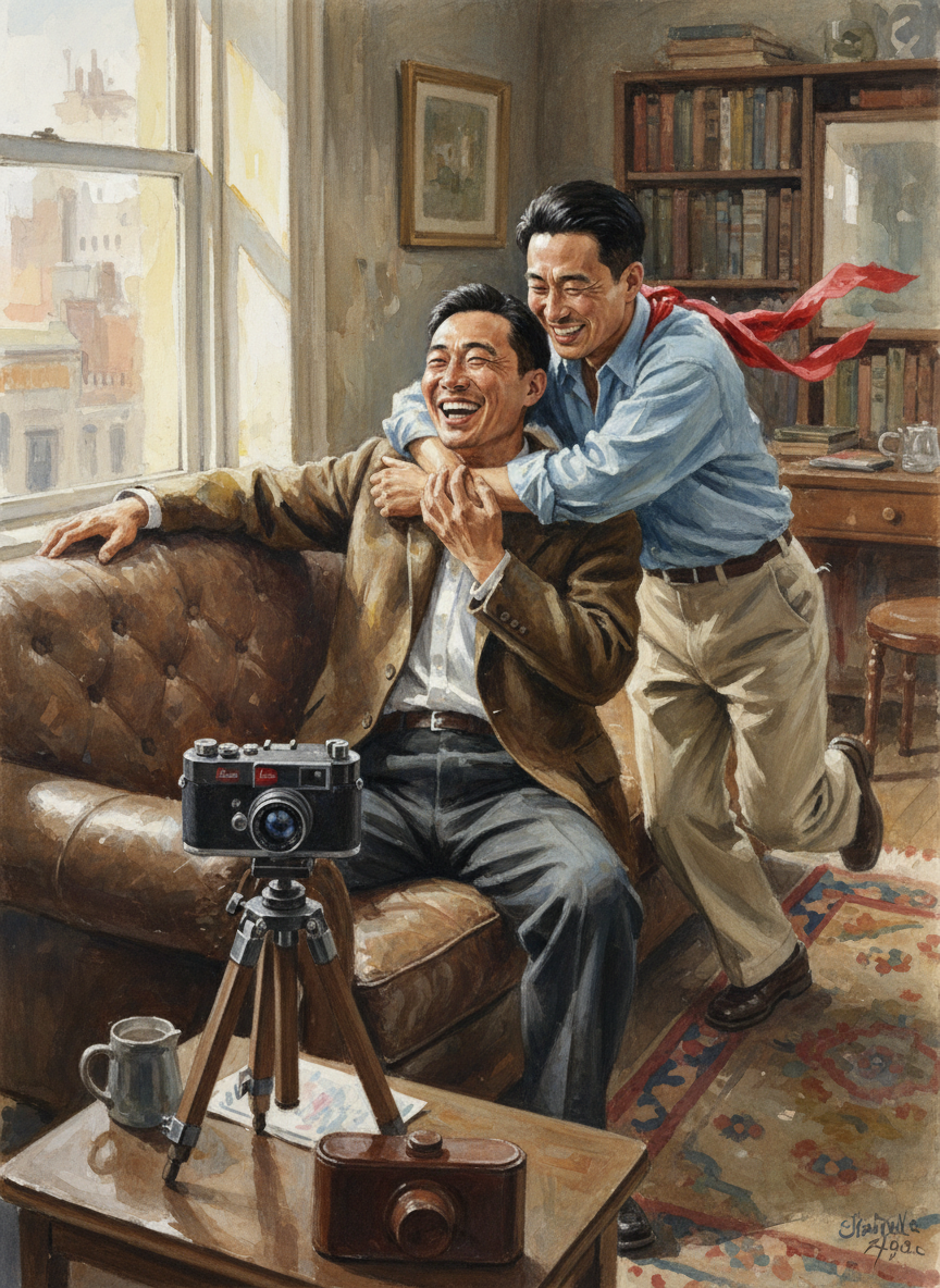 装好配件,充好电,他便要我坐在沙发上让他对准镜头,然后按下自动开关,跑过来猴到我身上将我紧紧搂住,咔嚓一下拍了一张两人搂成一团的双人照。