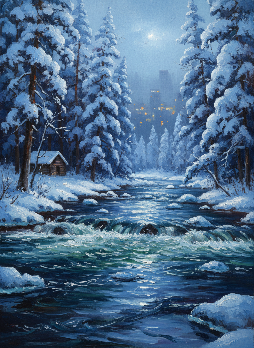 雪松川是一条水流急湍的河流,穿过城市中心,春天开冻时,流水挤着融化的冰块,滔滔往下滚去。