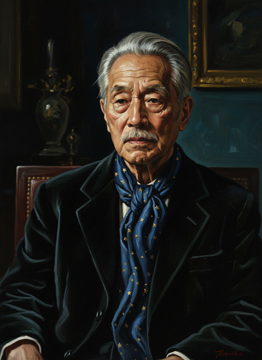 虽然他仍旧穿着一袭华贵的黑丝绒外套,颈上系着一块暗蓝洒金星的丝围巾,头发仍旧刷得整整齐齐,但几乎全白了。