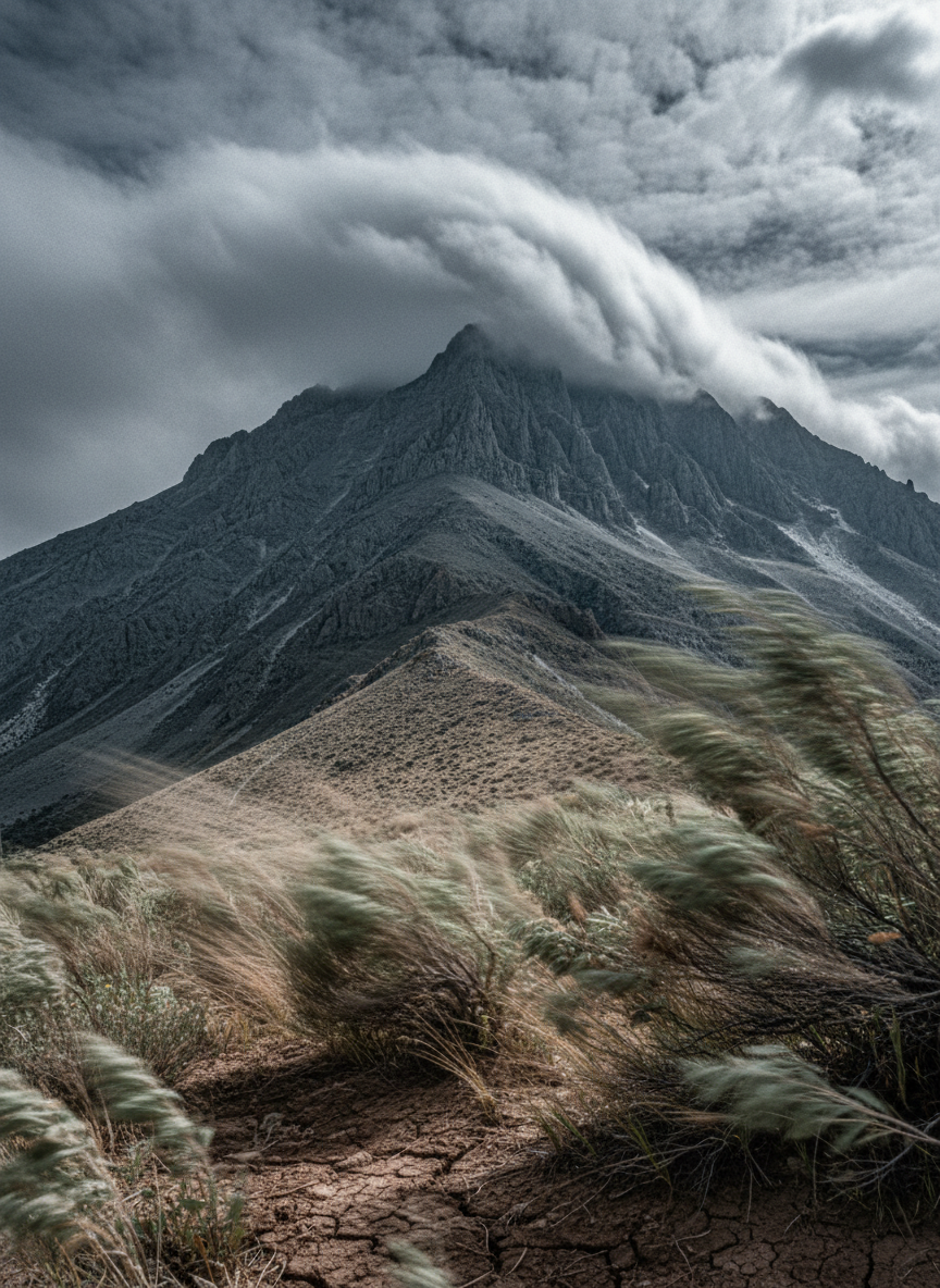 The gales are strong this close to the mountain, as if the peak itself is exhaling.