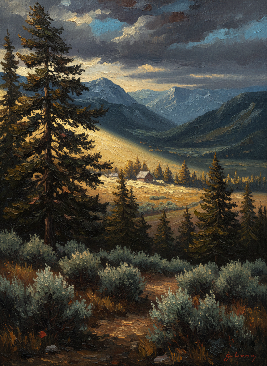 Meanwhile our farm dances: the heavy conifer trees sway slowly, while the sagebrush and thistles quiver, bowing before every puff and pocket of air.