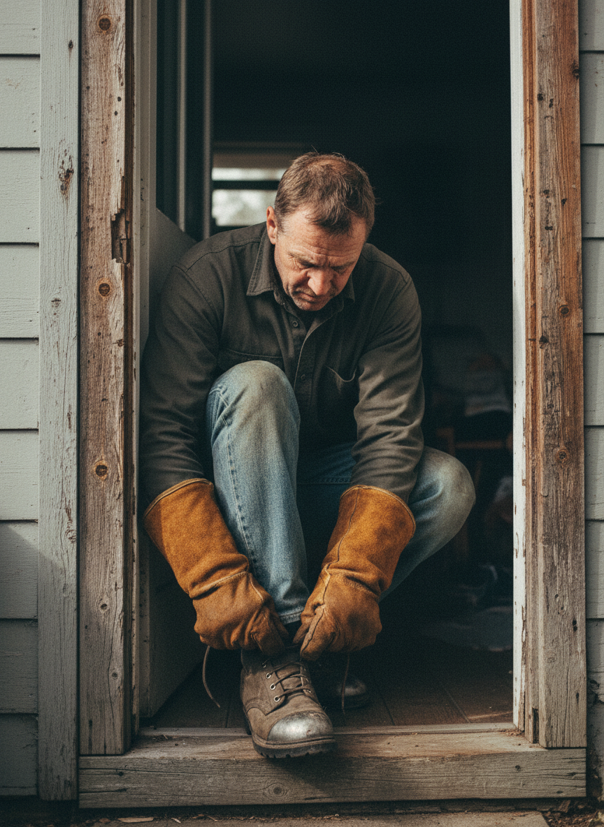 I picture my father hunched by the back door, lacing his steel-toed boots and threading his callused hands into welding gloves.