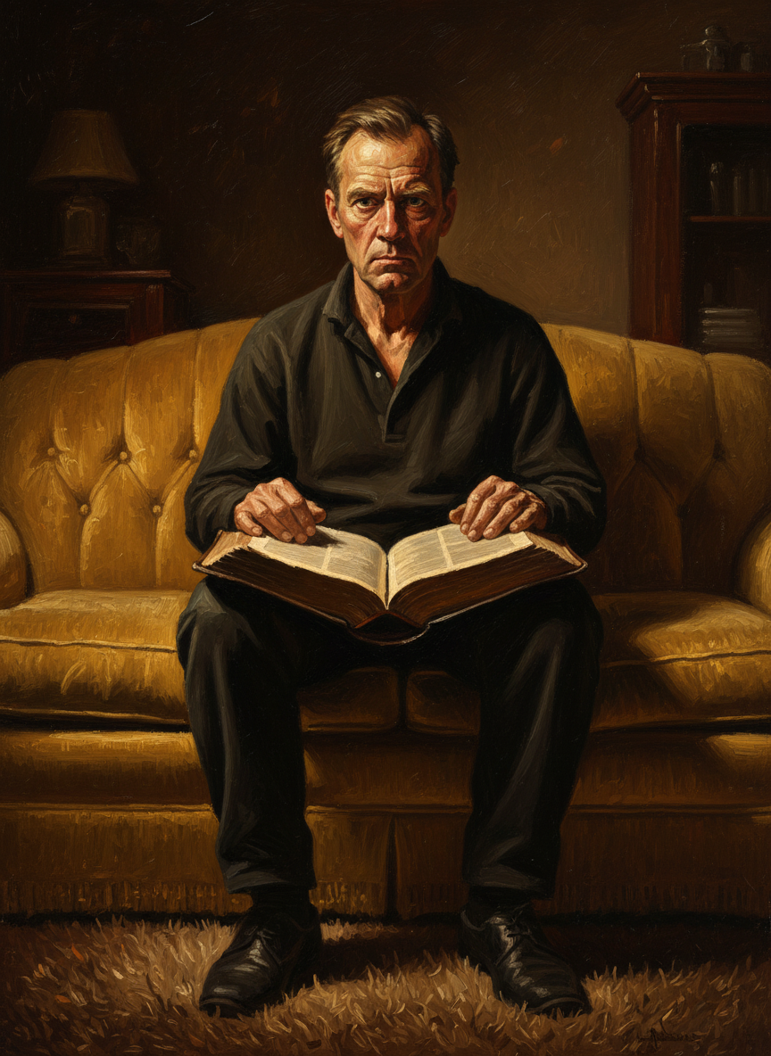 He sat on our mustard-colored sofa, a large Bible open in his lap.