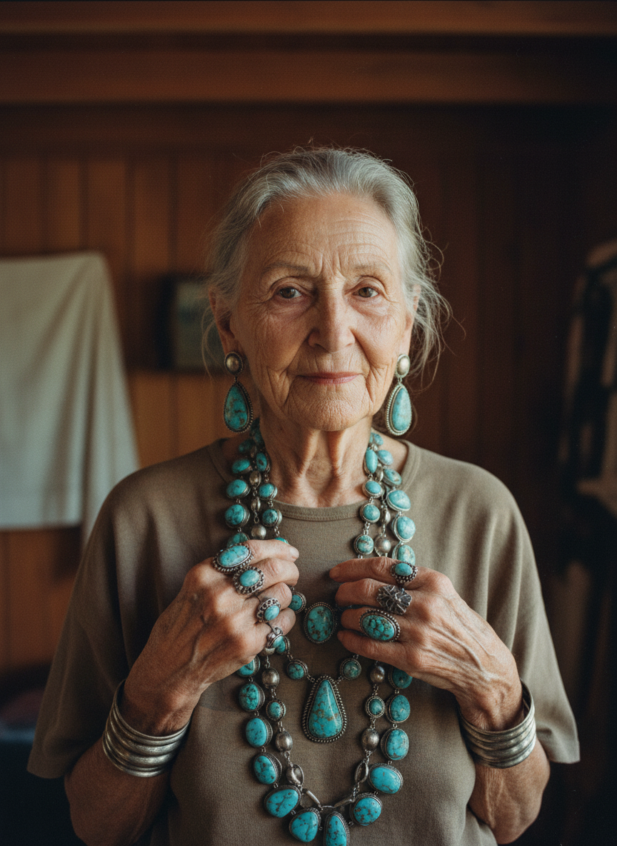 Grandma had a thin, angular face and an endless store of faux Indian jewelry, all silver and turquoise, which hung in clumps from her spindly neck and fingers.