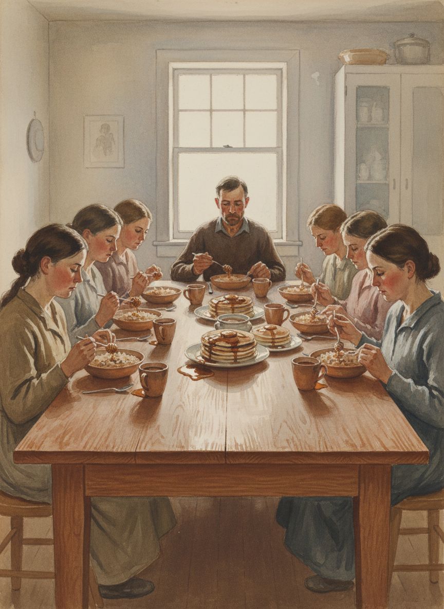 Every morning, my family sat around a large table of reworked red oak and ate either seven-grain cereal, with honey and molasses, or seven-grain pancakes, also with honey and molasses.