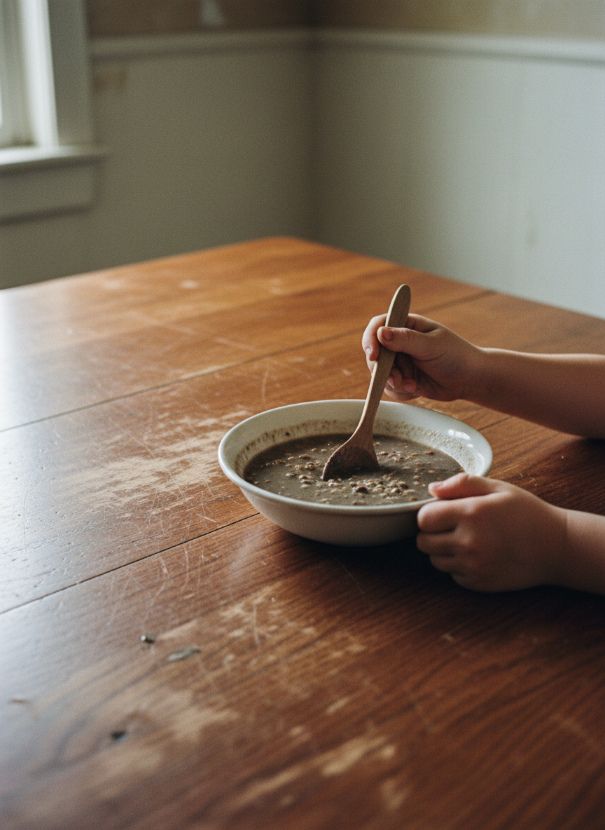 I didn’t mind the cereal if I could soak it in milk, letting the cream gather up the grist and seep into the pellets, but since the revelation we’d been having it with water.