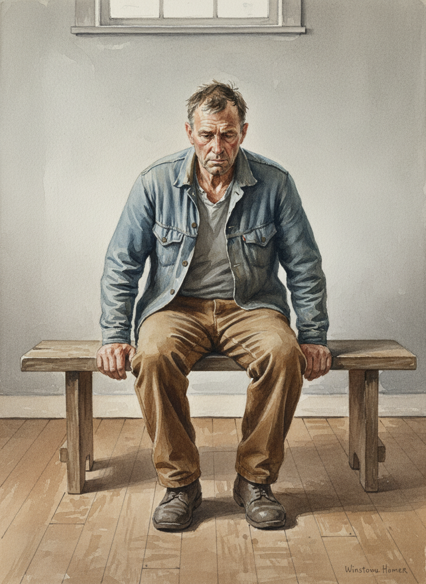 He paused to sit, folding himself onto the low bench in slow, stiff movements.