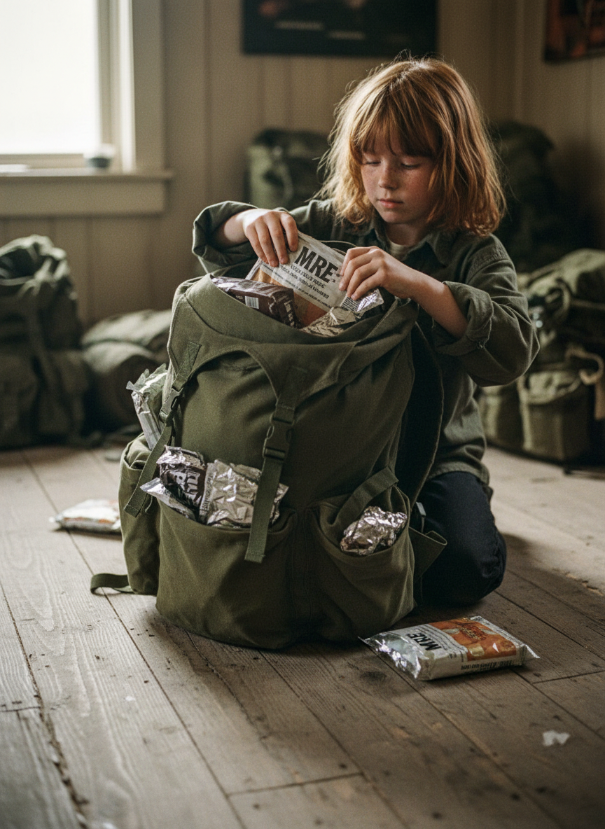 Dad had bought several boxes of military MREs—Meals Ready-to-Eat—and we put as many as we could fit into our packs, imagining the moment when, having fled the house and hiding ourselves in the wild plum trees near the creek, we’d eat them.