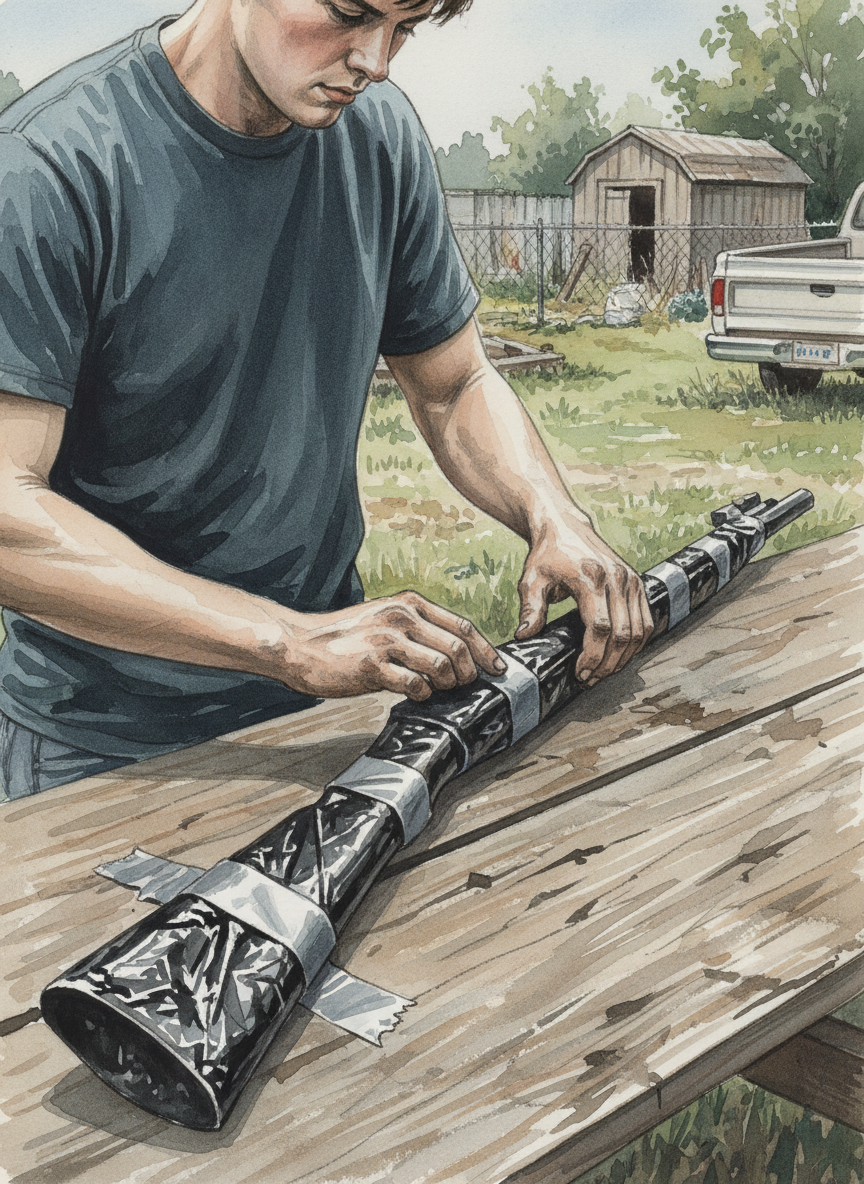 After they’d been cleaned, my brother Tyler chose one and set it on a sheet of black plastic, which he folded over the rifle, sealing it with yards of silvery duct tape.