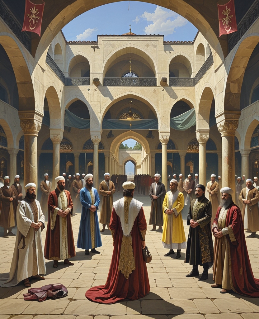 As for the right side of the double-leaf picture showing Our Sultan on the left, there were viziers, pashas, Persian, Tatar, Frankish and Venetian ambassadors standing in the arched colonnades and windows.