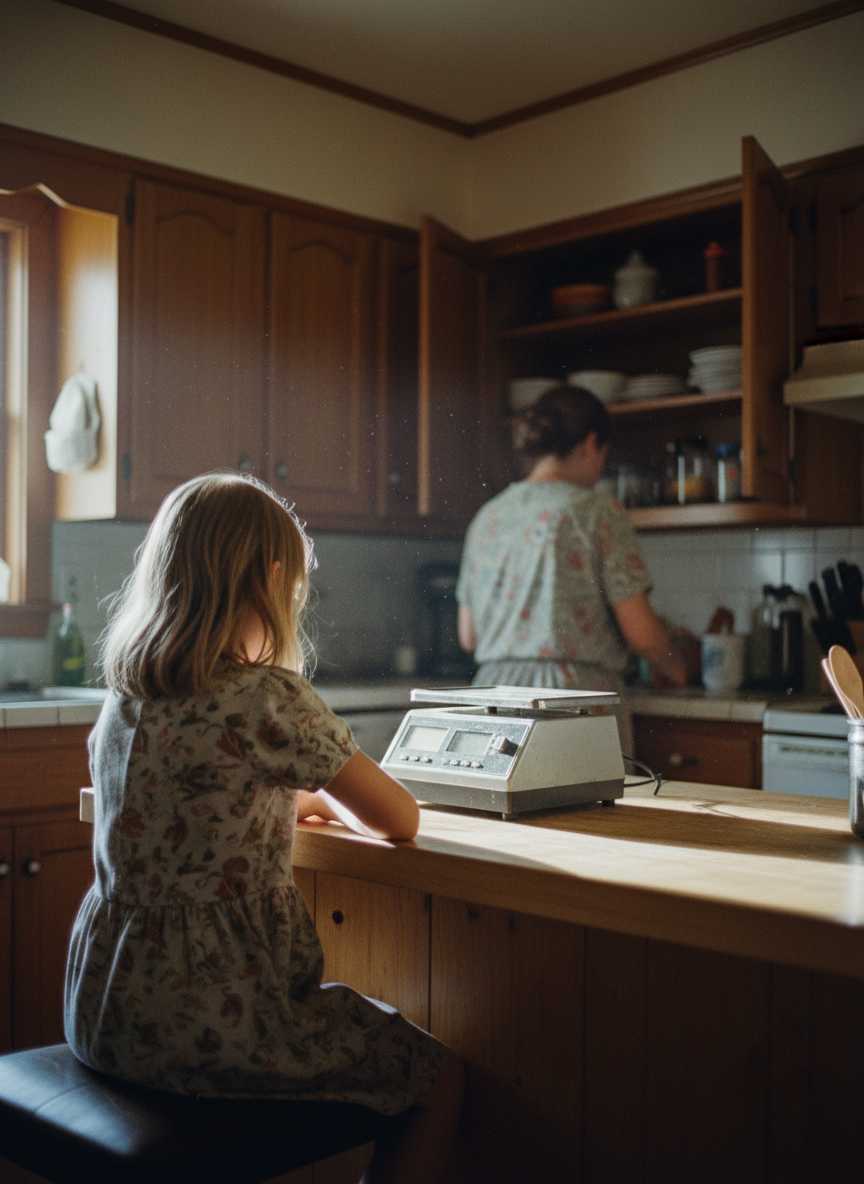 She was sitting at the kitchen counter, watching Mother rummage through our birchwood cabinets.