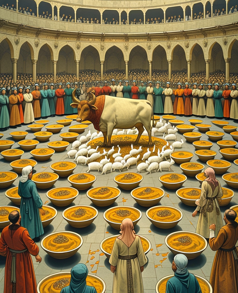 There before me I saw people scrambling for hundreds of bowls of pilaf that were placed in the Hippodrome; I saw the live rabbits and birds emerge out of the roast ox and startle the crowd that had descended upon it.