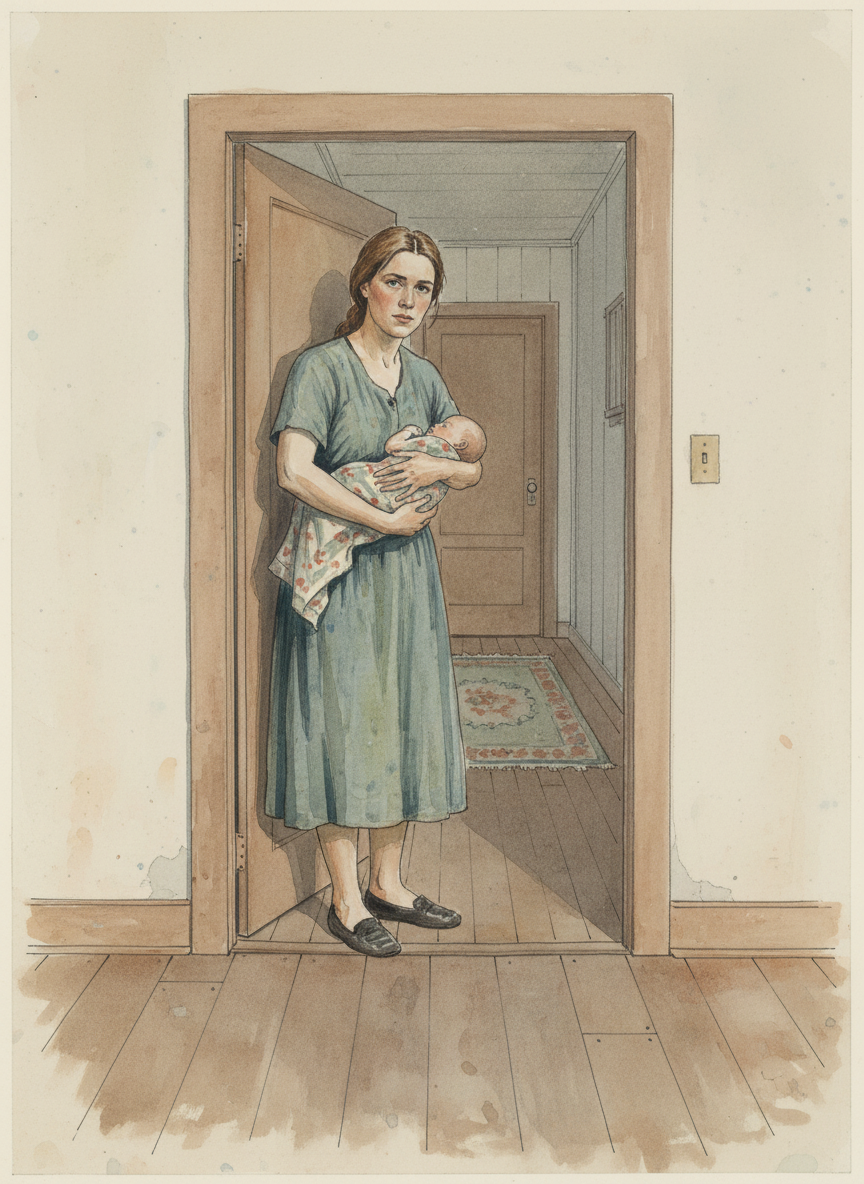 I trudged down the hall to my room, alone, but when I turned to shut the door she was standing in it, still toting the baby on her hip.