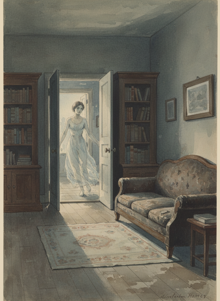 Then she wafted through the back door, so pale she seemed translucent, and drifted to the couch, where she stayed, trembling.