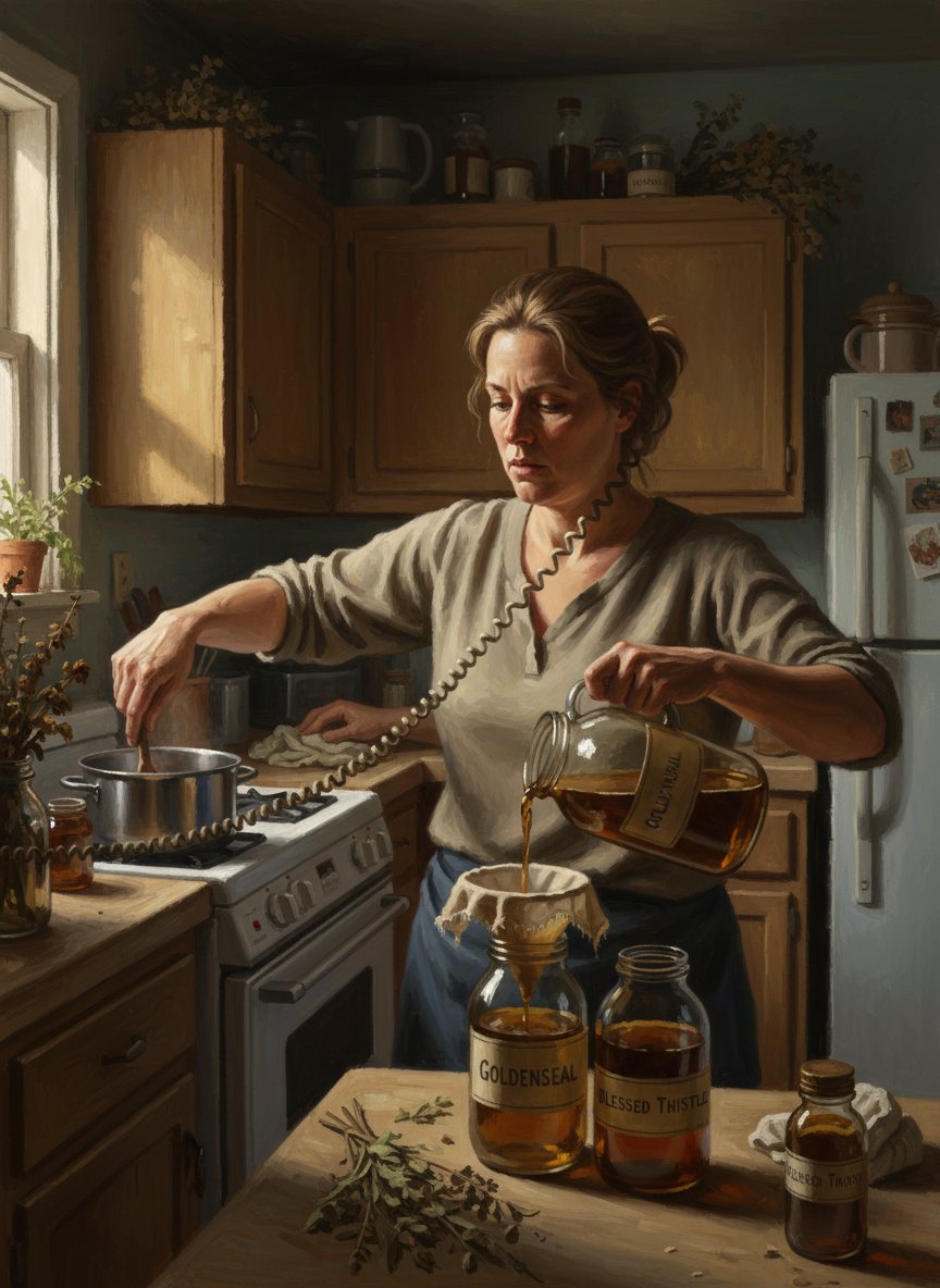 With the receiver wedged against her shoulder, the cord stretched across the kitchen, she cooked, cleaned, and strained tinctures of goldenseal and blessed thistle, while having the same conversation over and over.