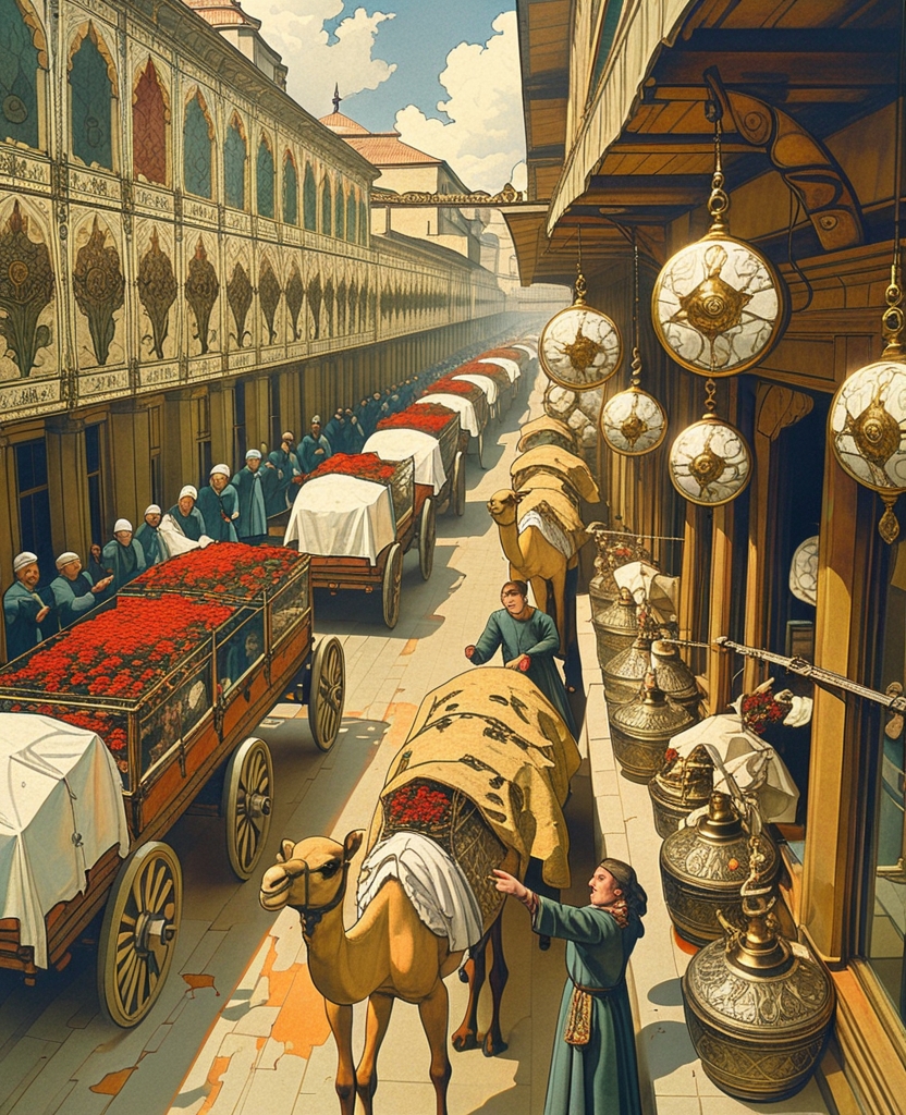 I saw glaziers embellishing glass with carnations and cypresses as they paraded before Our Sultan in a wagon; confectioners reciting sweet poems as they drove camels laden with sacks of sugar and displayed cages holding sugar-parrots; and aged locksmiths who showed off a variety of hanging locks, padlocks, dead bolts and gearlocks as they complained of the evils of new times and new doors.