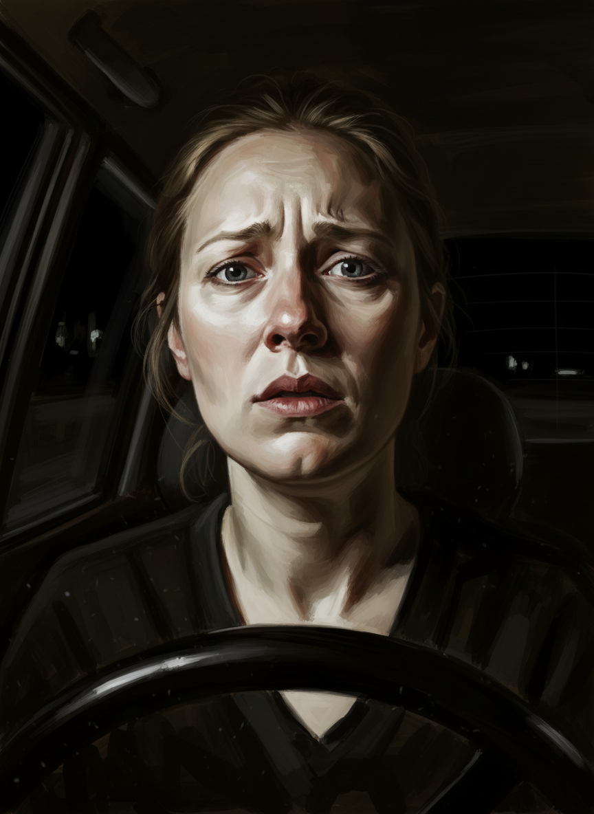 Her face was illuminated by the lights in the dashboard, and it appeared ghostly white set against the utter blackness of country roads.