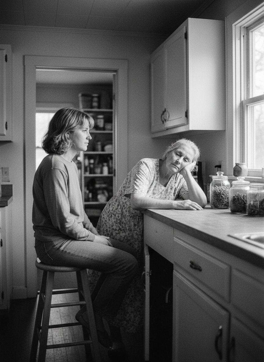 The two women chatted in the kitchen, Judy perched on a barstool, Mother leaning across the counter, her head resting lazily in her hand.