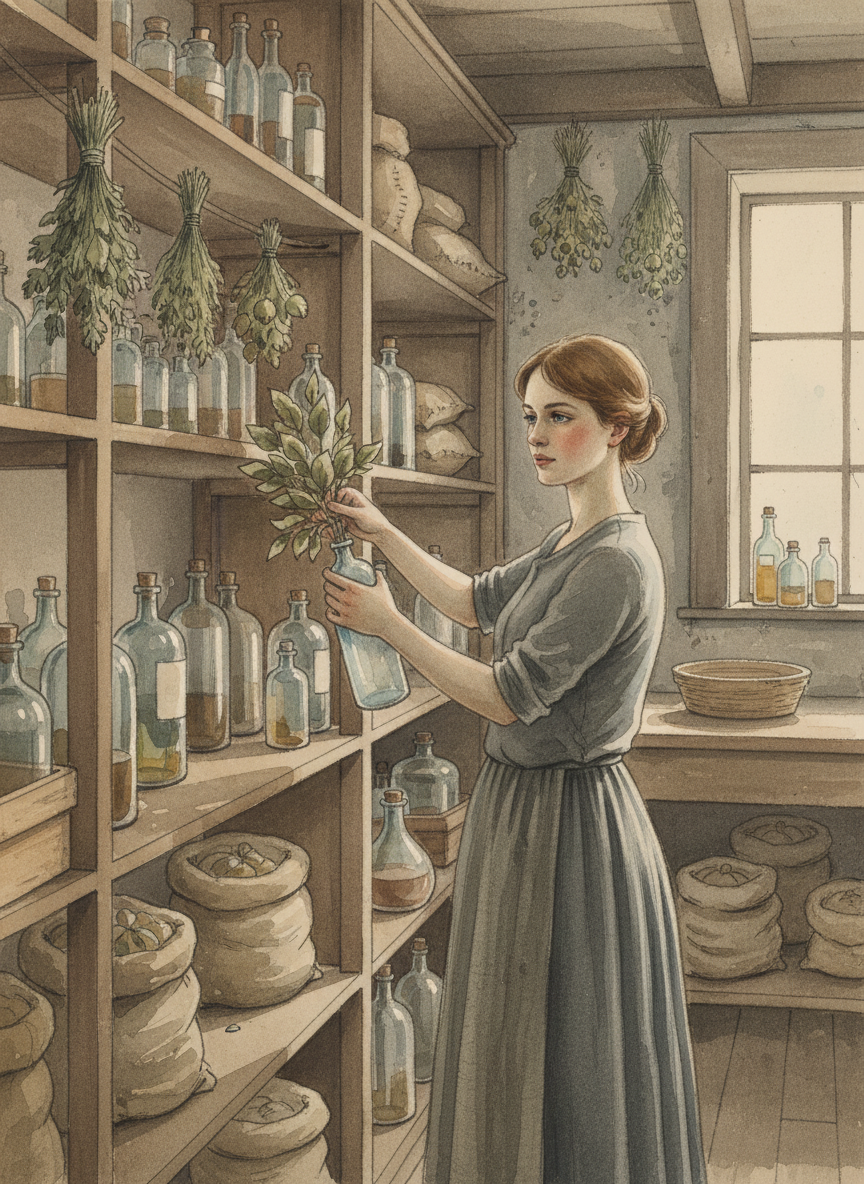 I pulled dried leaves and clouded liquids from the shelves, all the while gushing about Mother’s exploits, finishing with the confrontation in the hospital.