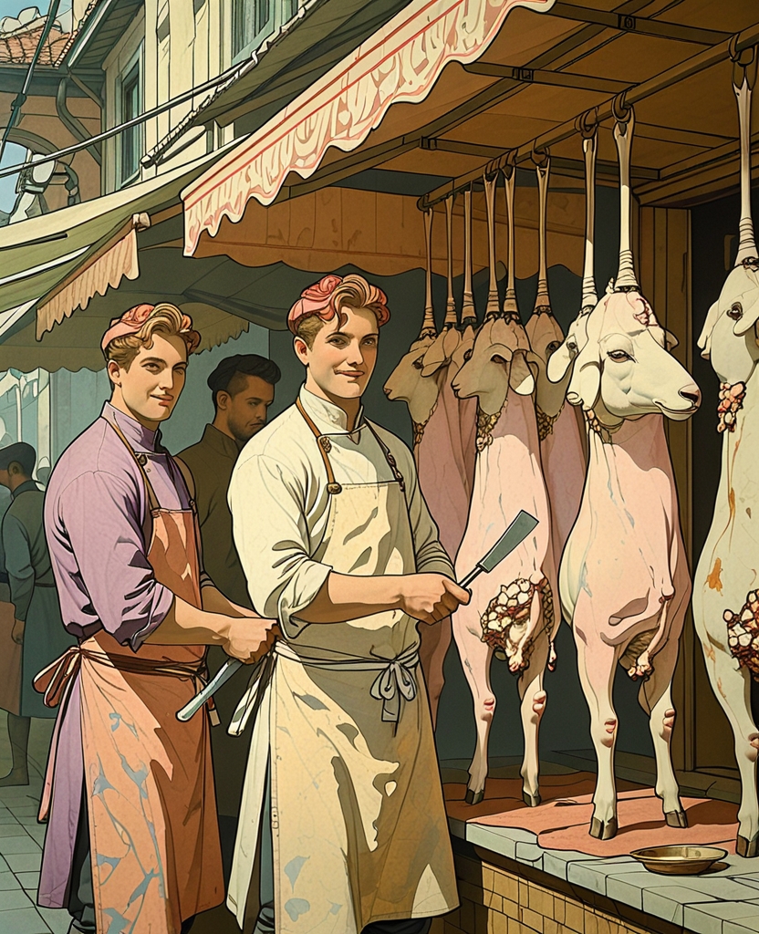 I saw clean-shaven butchers wielding cleavers, wearing rose- and purple-colored uniforms and smiling at the pink carcasses of skinned sheep hanging from hooks.