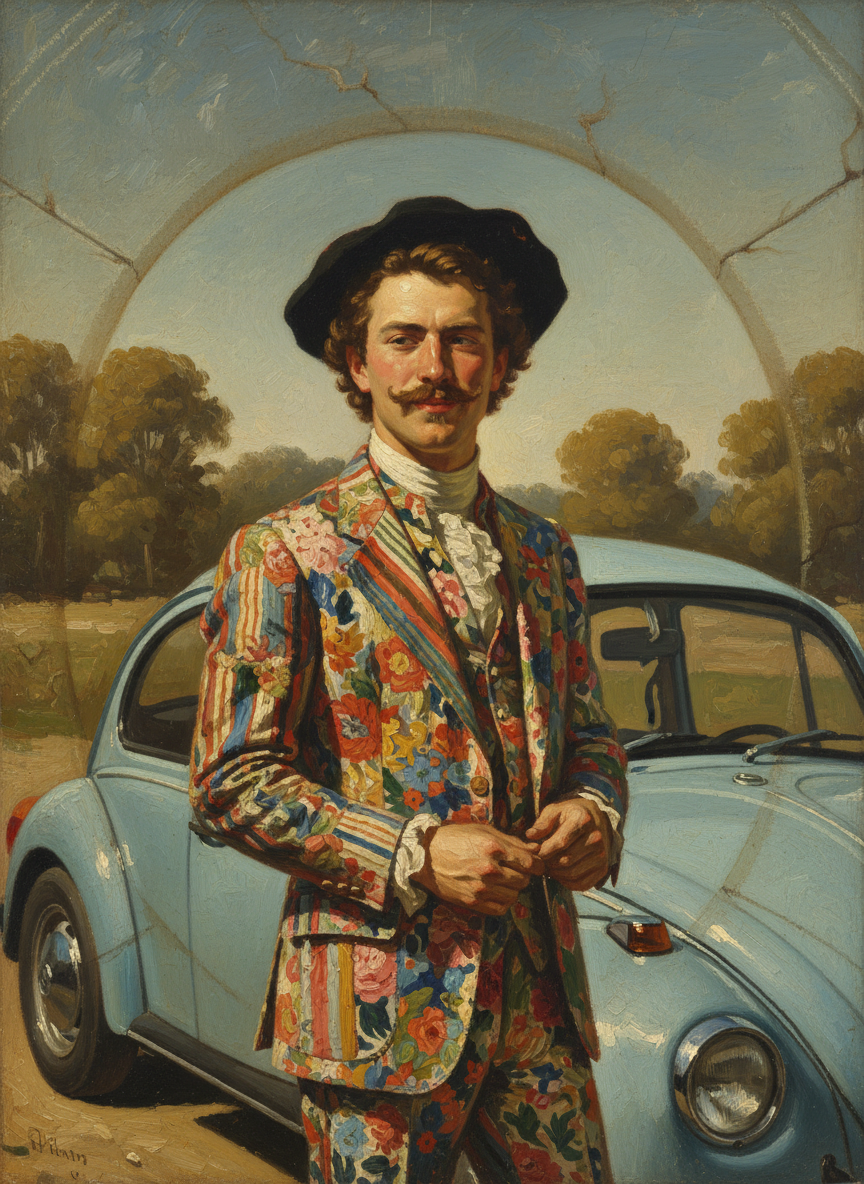 He drove a baby-blue Volkswagen Beetle, wore outlandish suits cut from colorful fabrics, and showcased a thick, fashionable mustache.