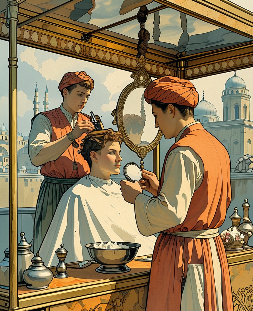 I indulged my eyes at length on a picture of a barber suspended upside down from