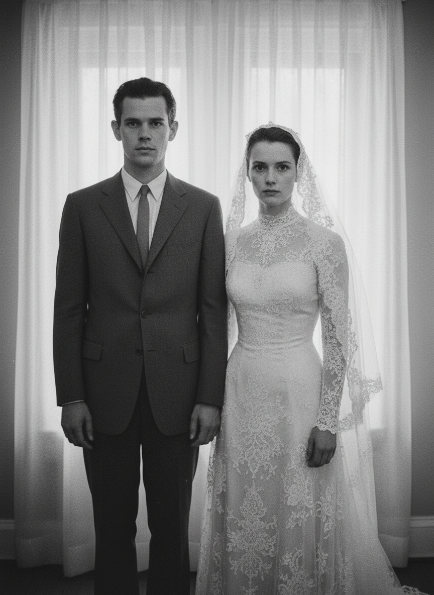 It’s of my parents posing in front of a gossamer curtain of pale ivory.