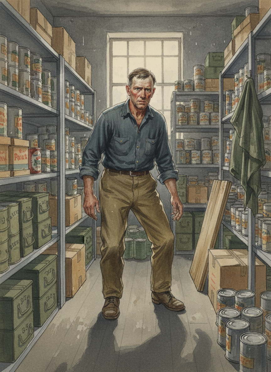 Fearful and anxious, he comes into focus for me as a weary middle-aged man stockpiling food and ammunition.