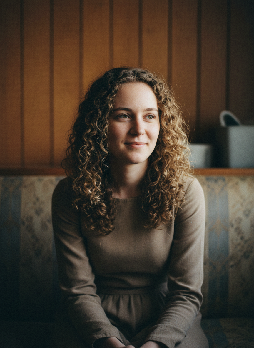 Her hair pushes out of her head in tight curls, and her lips are pulled into a polite smile, which is welded in place.
