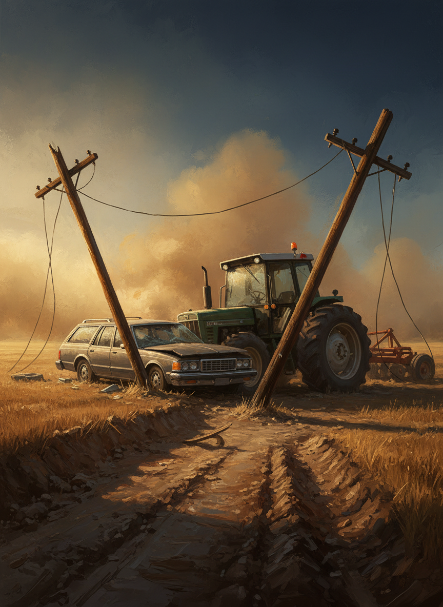 The car jumped a ditch, smashed through two utility poles of thick cedar, and was finally brought to a stop only when it collided with a row-crop tractor.