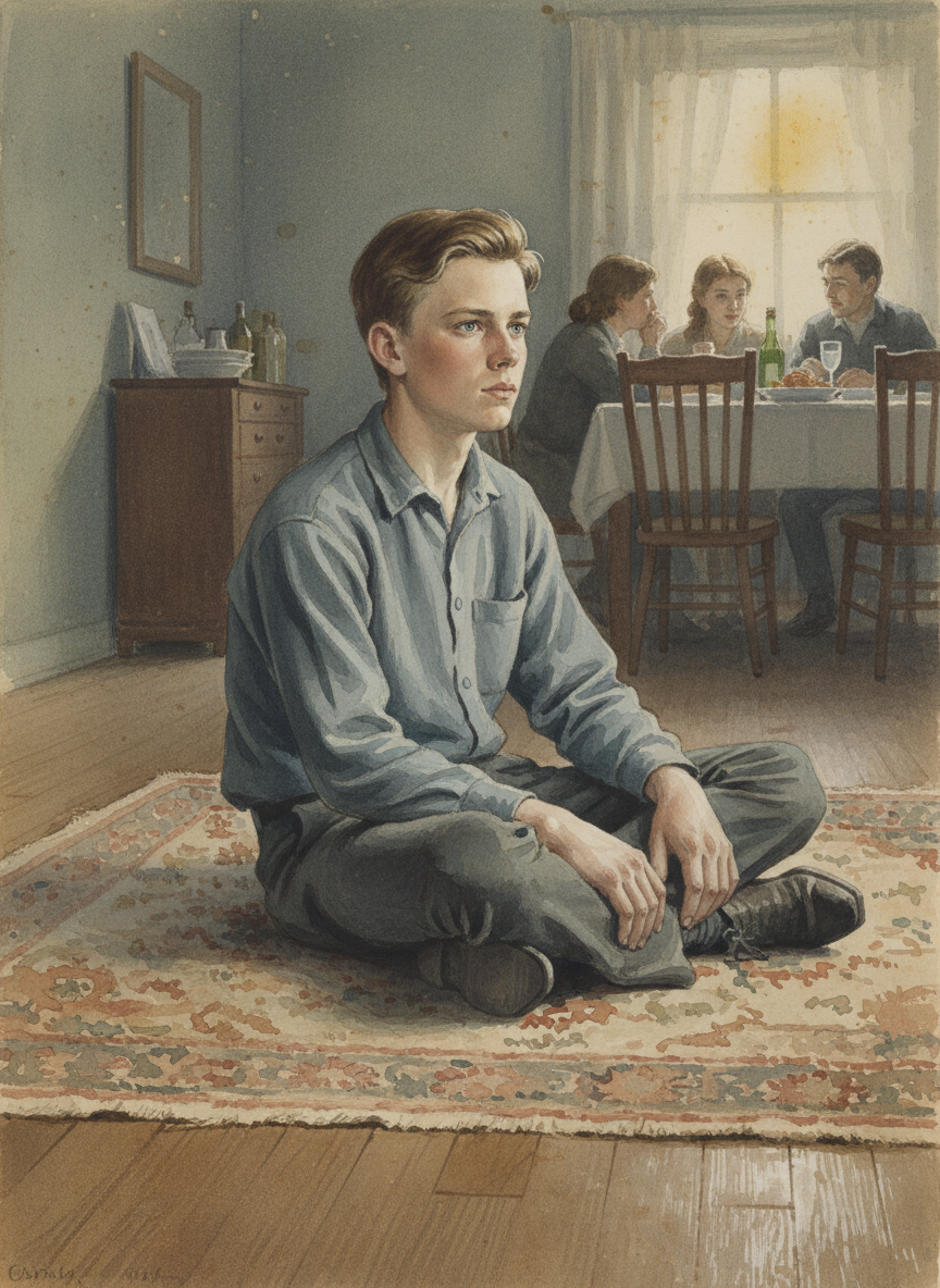 On the third day he seemed to come back into himself, to become aware of the goings-on around him, to listen to our mealtime chatter rather than staring, unresponsive, at the carpet.