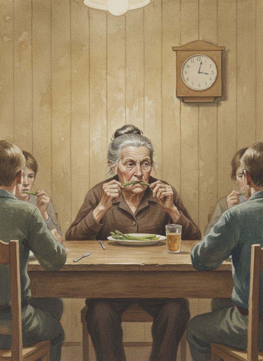 Grandma sits across from me, chewing her asparagus again and again in her crooked jaw, the way a goat might, sipping from her ice water, giving no indication that she’s heard a word Dad has said, except for the occasional vexed glare she throws the clock when it tells her it’s still too early for bed.