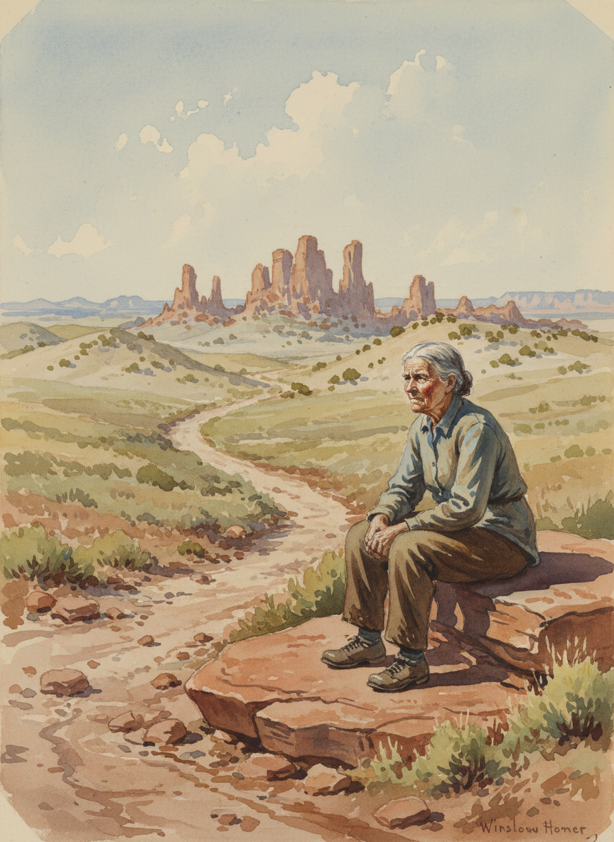 Grandma was winded after a few minutes, so she sat on a flat red stone and pointed to a sandstone rock formation in the distance, formed of crumbling spires, each a little ruin, and told us to hike to it.